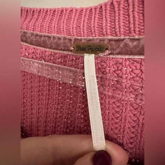 Free People XS Rose Pink Damsel Bell Sleeve V-Neck Cotton Sweater Boho Chic Knit - Picture 6 of 8